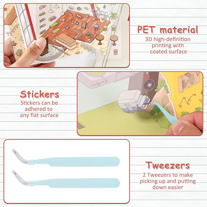 DIY 3D Sticker Scene, 8 Sets Fun DIY 3D House Stickers, Make Your Own Mini Room Scenes, Cute Cartoon 3D Miniature Scene Stickers Book, 3D Sticker Therapy for Adults Kids Relief Stress Pass The Time