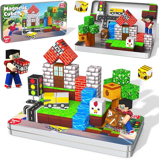 45 Pcs Travel Magnetic Blocks with 1 Pcs Magnetic Figures -Mini Magnetic Building Blocks for Kids Ages 4-8, Magnet Cubes Stacking Toys with Portable Metal Box, Birthday Gift for 3+ Year Old Boys Girls