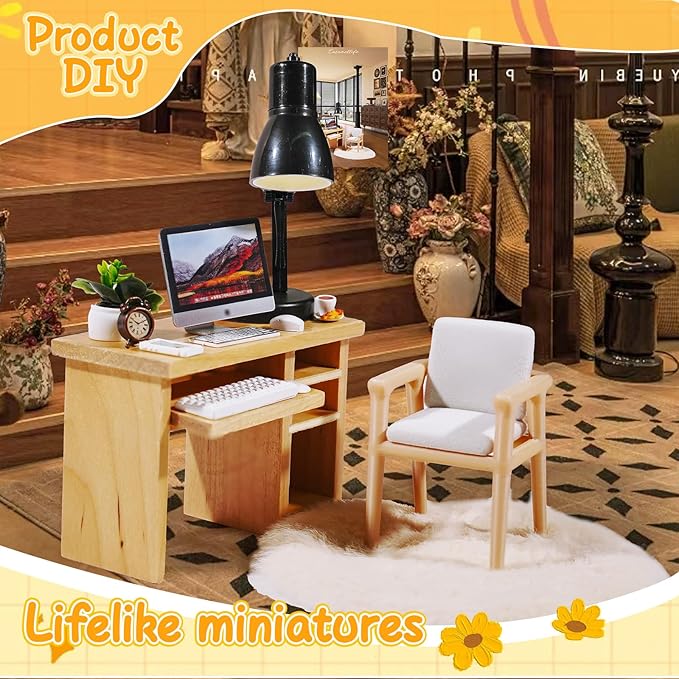Hiawbon 11PCS 1:12 Scale Miniature Office Furniture Set, Miniature Office Table and Chair, Mini Simulation Desktop Computer with Mouse Keyboard Model Simulation Accessories for Mini House