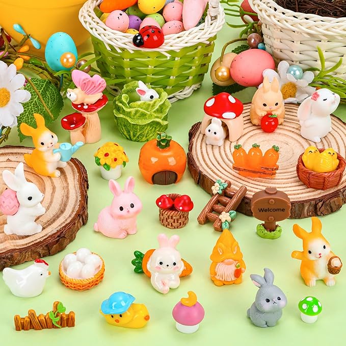 56 Pcs Easter Mini Resin Figures 56 Style Little Figures to Hide Tiny Small Bunny Chick Basket Carrot Bulk Miniature Figurines for Easter Egg Fillers Party Favors Fairy Garden Dollhouse Table Decor