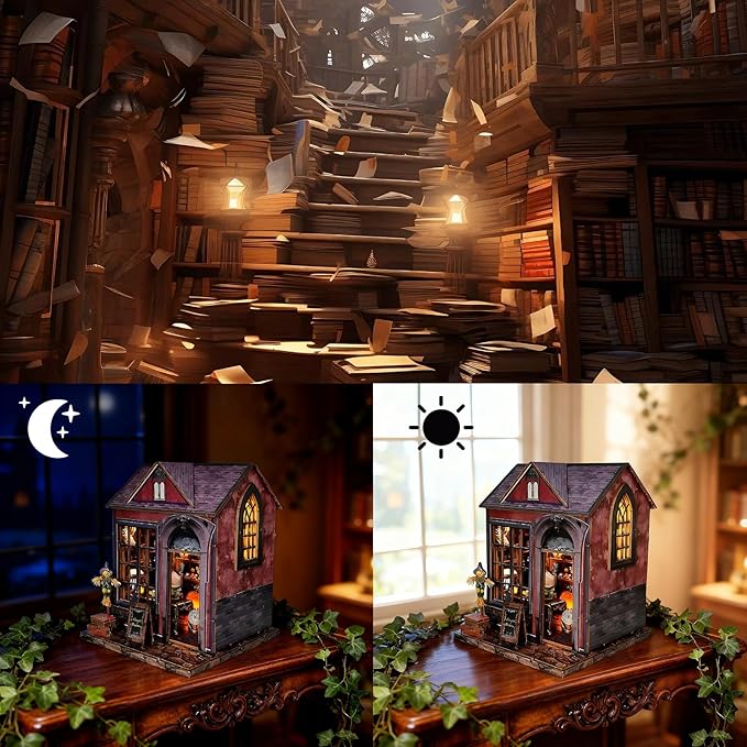 DIY Miniature House,LED Lighting Book Nook Kit Dollhouse Kit for Adult and Teens, Tiny House Bookshelf Decor 3D Wooden Puzzle, Gifts for Family, Friends,Christmas(Magic Cabin)