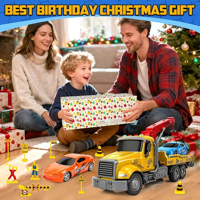 Large Tow Truck Toy, Kids Toys for 3 4 5 6 7 8 Years Old Boys Toddlers Birthday Easter Gifts, Friction Powered Transport Crane Toy with Lights and Sounds, 2Pcs Racing Car, Traffic Signs