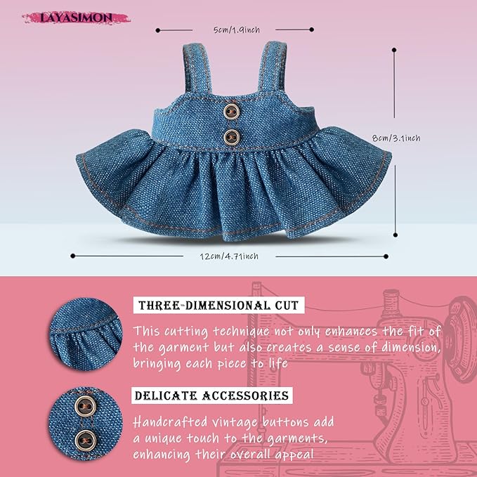Clothes for 6.7in/17cm Dolls (Without Dolls),Sets and Accessories,4PCS (Straw hat + Neck Scarf + Skirt + Shoes), Collectors and As Gifts. (Denim Puff Skirt)