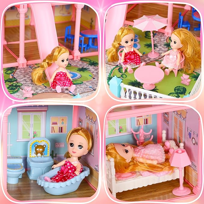 CUTE STONE Huge Dollhouse for Girls, Large Pretend Play Pink Doll House Gift for Kids