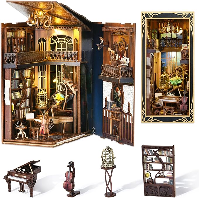 Book Nook Kit, DIY Miniature Dollhouse Booknook Kit, 3D Wooden Puzzle Bookend Bookshelf Insert Decor with LED Light for Teens and Adults (Pianist with Nightingale)