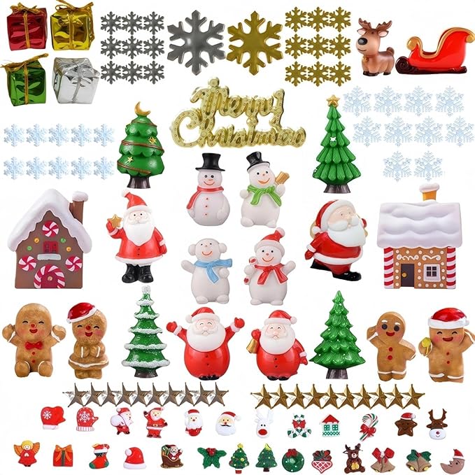 111PCS Mini Christmas Figurines Set, Hand-Painted Resin Miniatures for Crafts, Snow Globe Filler & Christmas Village Accessories, Santa Claus & Snowman Figurines, Trees, Stars, Gingerbread