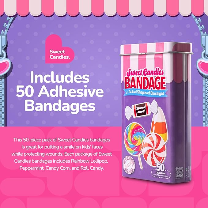 BioSwiss Bandages, Sweet Candies Shaped Self Adhesive Bandage Set, Latex Free, Sterile Wound Care, 50 Count