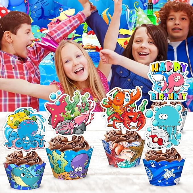 48PCS Ocean Themed Birthday Party Decorations | 24PCS Cupcake Toppers & 24PCS Cupcake Wrappers Party Favors Supplies Sea Animals Centerpiece Table Gifts for Boys Girls Carnival Prizes