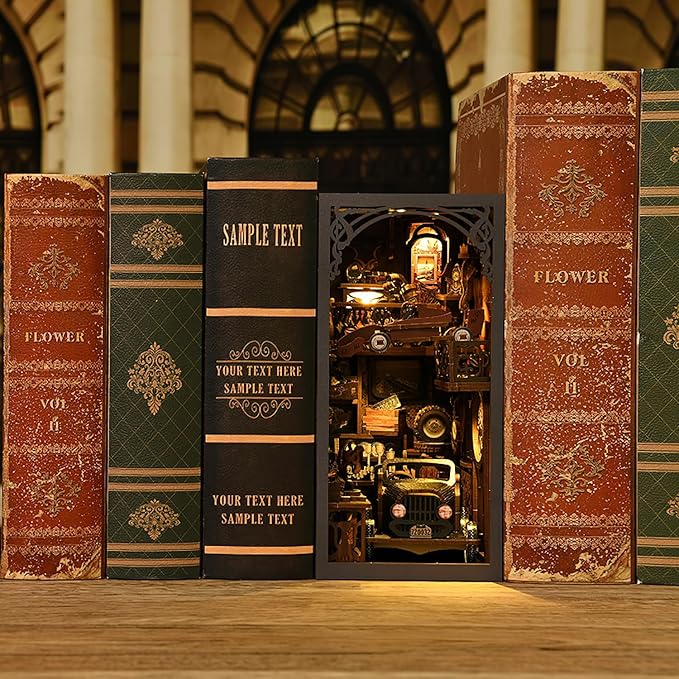 Book Nook Kit, 3D DIY Wooden Puzzle Dollhouse Kit for Adults & Teens, Book Nook Bookshelf Insert Decoration Bookend Miniature Kit with Sensor Light Creative Craft Home Decor, Vintage Car