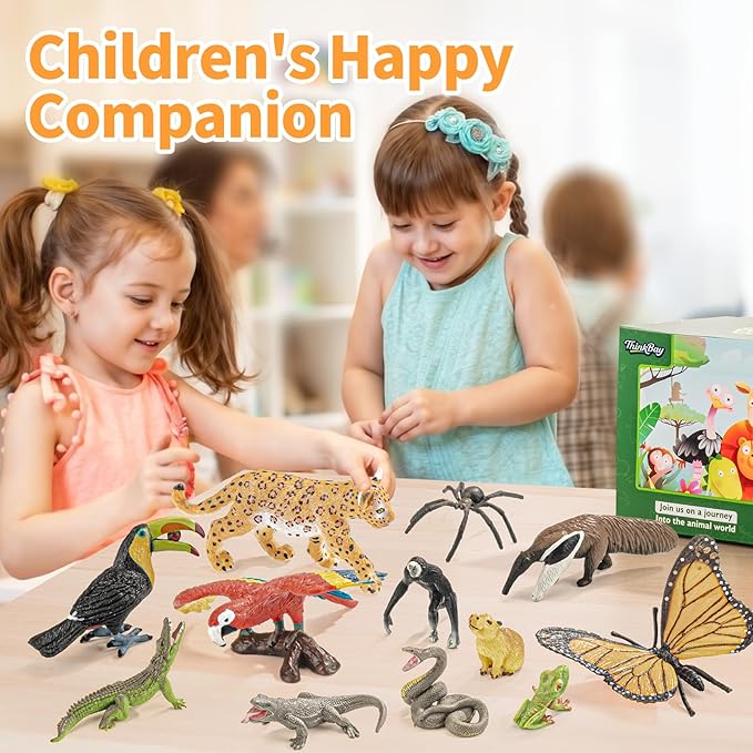 12PCS Realistic Rainforest Animal Figurines Toys, Rainforest Diorama Supplies Party Favor, Jungle Animals Figures Toys Learning Toys for Toddlers Kids Boys Girls, Toddler Playset