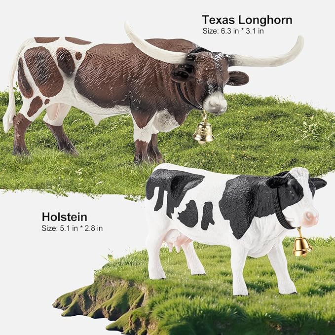 4PCS Cows Bulls Longhorn Farm Animal Figurines Toys for Kids, Plastic Cow Farm Animals Figures for Boys Girls Include White Holstein & Texas Longhorn and 2 Calfs, Cake Toppers Party Favors
