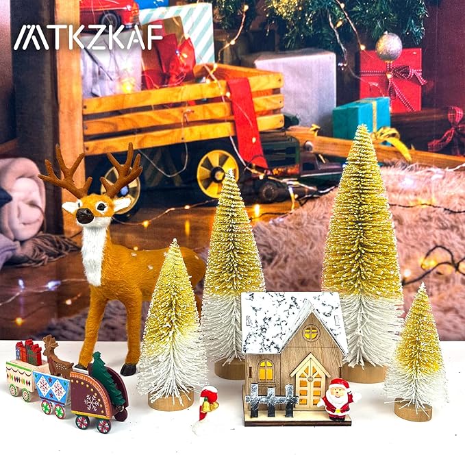 MTKZKAF Mini Christmas Trees Bottle Brush Christmas Trees for Christmas Decorations Multicolor Table Top Gradient Christmas Tree with Wooden Base (Gold+White)
