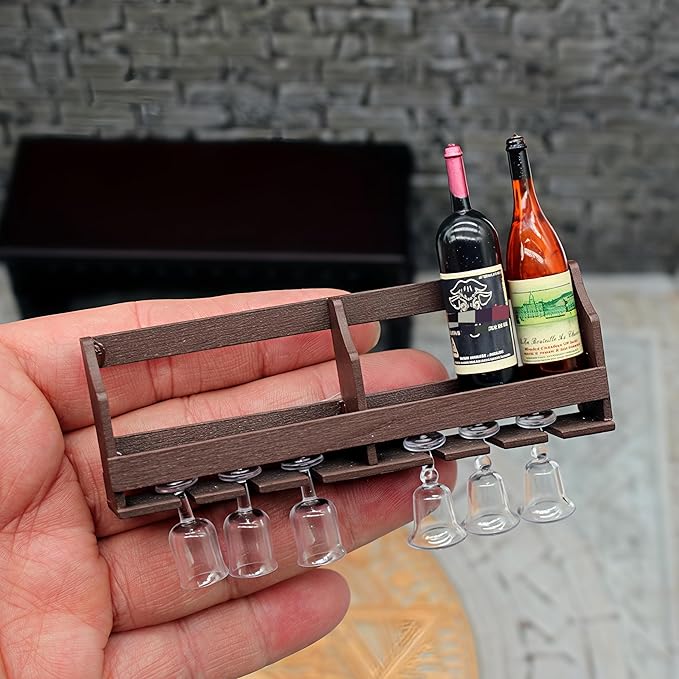 Miniature Wall-Mounted Wine Rack with Glass Holder, 9-Piece Dollhouse Bar Set, Dark Wood