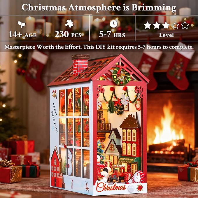 Christmas Book Nook Kit, DIY Dollhouse with Sensor Led Light, Wooden Puzzles, Exclusive, for 14+ Teens and Adults Building