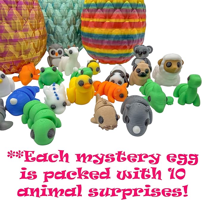 Articulating Animal Figurines – 10-Pack Mystery Mini Collectibles in Egg | 35+ Designs, Rainbow Colors, Premium Toys | Unique Gift for Kids & Adults by VDK Printing (MysteryEgg010)