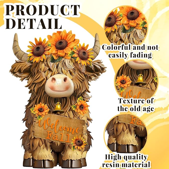2 Pack Fall Thanksgiving Decor Highland Cow Resin Figurine Fall Pumpkin Flower Highland Cow Gnomes Scottish Resin Statue Calf Lovers Gifts for Autumn Home Garden Kitchen Office Tiered Tray Table Decor