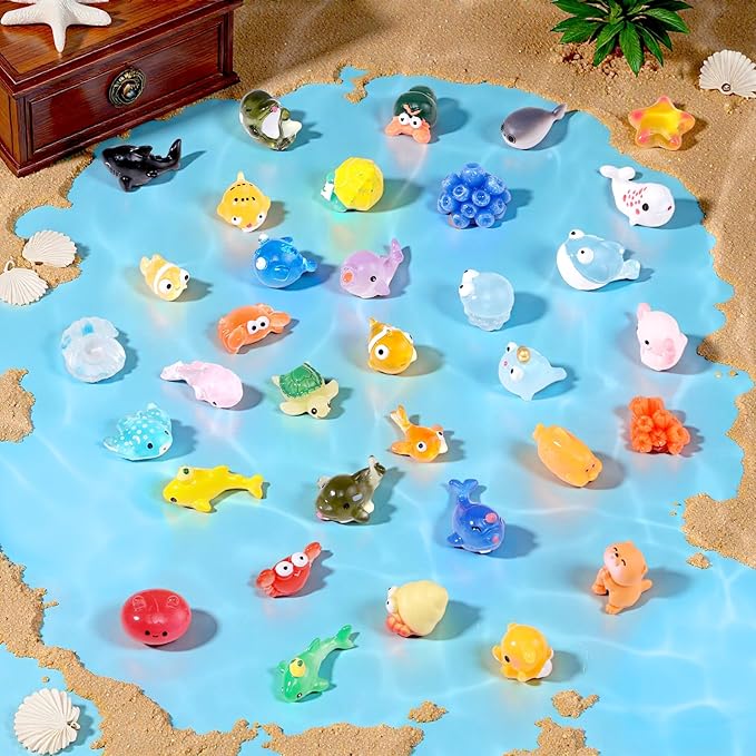 50 Pcs Mini Ocean Resin Animals Figures 50 Styles Tiny Sea Animal to Hide Little Animals Figures for Aquarium Decorations Fish Tank Ornaments Fairy Garden Miniature Landscape Dollhouse Accessories