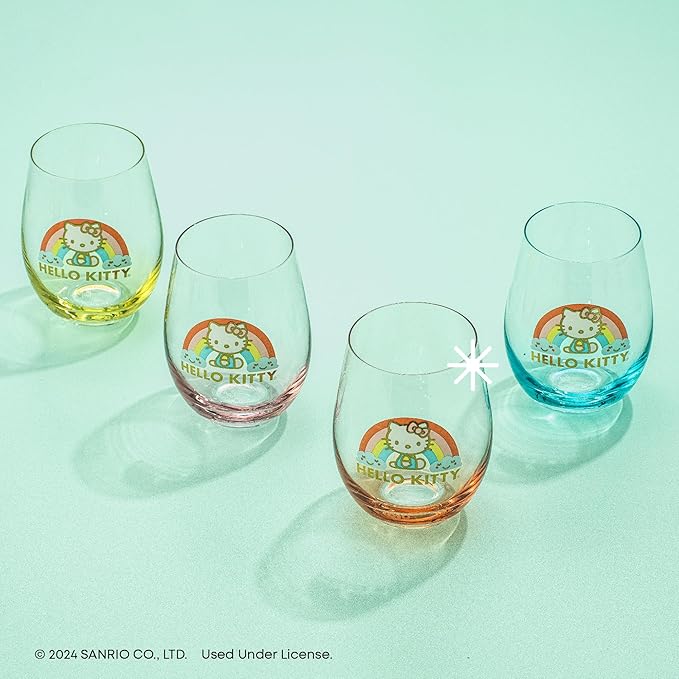 JoyJolt Hello Kitty Sweet Rainbow Stemless Drinking Glasses Set of 4, 19oz Glass Cups, Kawaii Kitchen Glassware Sets, Sanrio Hello Kitty Merch, Teardrop Tumblers for Water, Juice, Coffee, Iced Tea
