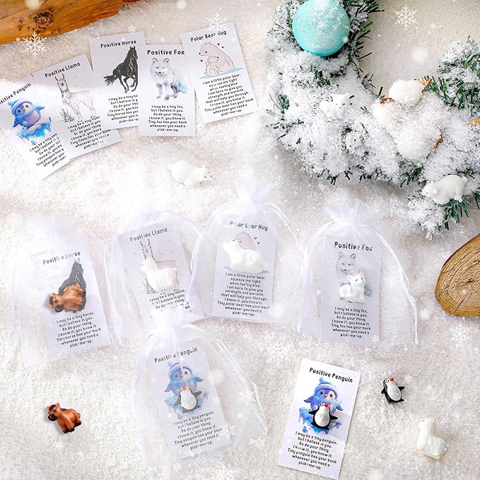 Suzile 25 Set Employee Appreciation Gifts Bulk Mini Polar Animal Figures Thank You Team Gift Pun Inspirational Card for Coworker Funny Resin Penguin Polar Bear Fox Alpaca Pony Office Favor