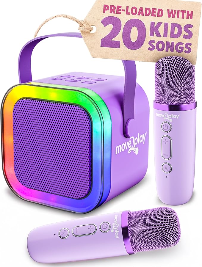 Move2Play, Mini Karaoke Machine for Kids | Built-in 20+ Songs | Bluetooth Speaker with Microphones | Voice Effects | Toddler Music Toy | Christmas Stocking Stuffer | Girls & Boys Age 2, 3, 4, 5, 6+