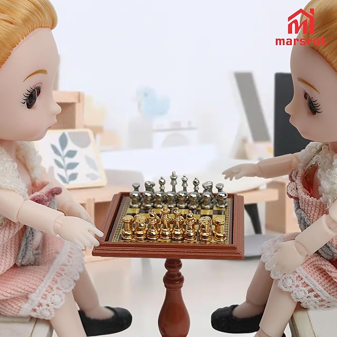Miniature Chess Set Dollhouse Furniture 1/12 Magnetic Mini Board Games Doll House Accessories Ornament Decor for 1:12 Study Room, Living Room, Library, Table with Gold & Silver Chess Pieces Model