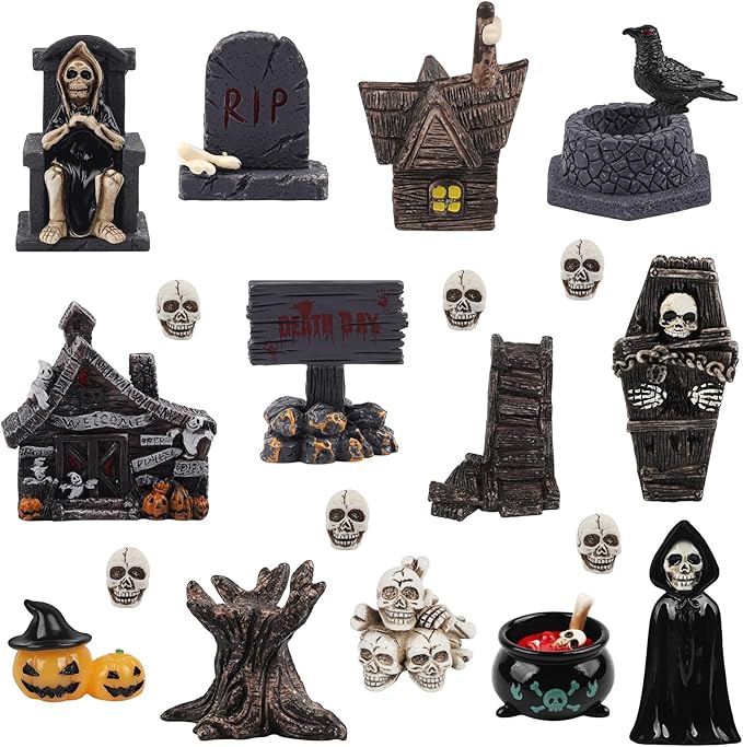 21 PCS Halloween Miniatures Figurines Resin Tombstones Figures Miniature Tombstones Miniatures Skeleton Pumpkin Ghost Ornaments for Halloween Party Favors Fillers Home Tabletop Decor