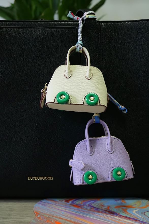 Buyborgood Women's 2 PCS Mini Tote Bag Charms Keychain Pouch Small Coin Purse Wallet, Purple+White