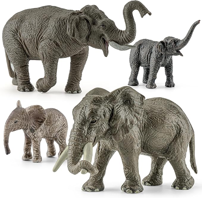 4PCS Safari Elephant Animals Figurines Toys, Plastic Zoo Animals Toys for Kids Includes African & Asian Elephant and Cubs, Birthday Gift Party Favors Cake Toppers for Boys Girls