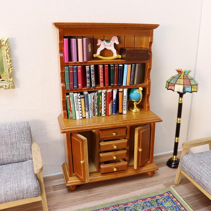 1:12 Scale Miniature Cupboard Bookshelf Classic Wooden Mini Storage Hutch Kitchen Dollhouse Bookshelf Wood Cabinet 1:12 Furniture Display Showcase Decoration Sideboard Accessories (Walnut Color)