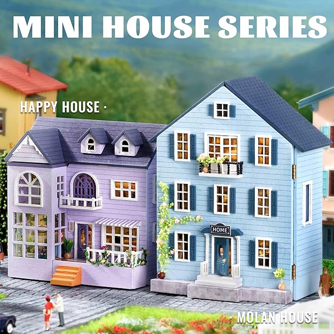 Kisoy Romantic and Cute Dollhouse Miniature DIY House Kit Creative Room Perfect DIY Gift for Friends, Lovers and Families (Happy House)