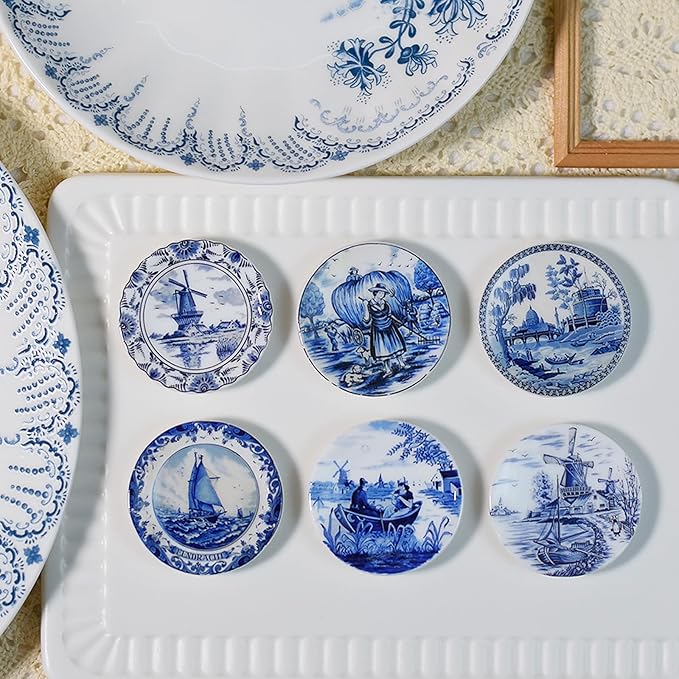 6PCS Handcrafted Miniature Ceramic Plates in 1:12 or 1:6 Scale, Vintage Porcelain Playhouse Dishes (Blue-White B, 4CM)