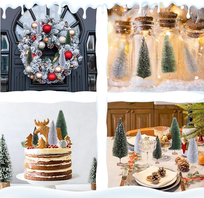 Waipfaru Bottle Brush Trees Christmas, 30 Pcs Mini Christmas Trees Table Decor, Miniature Pine Trees for Xmas Tabletop Crafts Christmas Indoor Decorations (Green & Sliver)