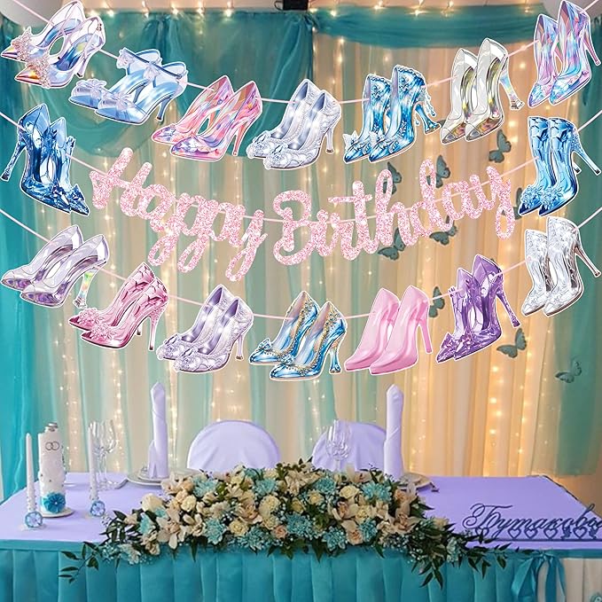 High Heel Happy Birthday Banners 3PCS Crystal High Heels Party Decorations Glass Shoes Banners Girls Princess Birthday Decor for Lady Bridal Shower Wedding Party Supplies