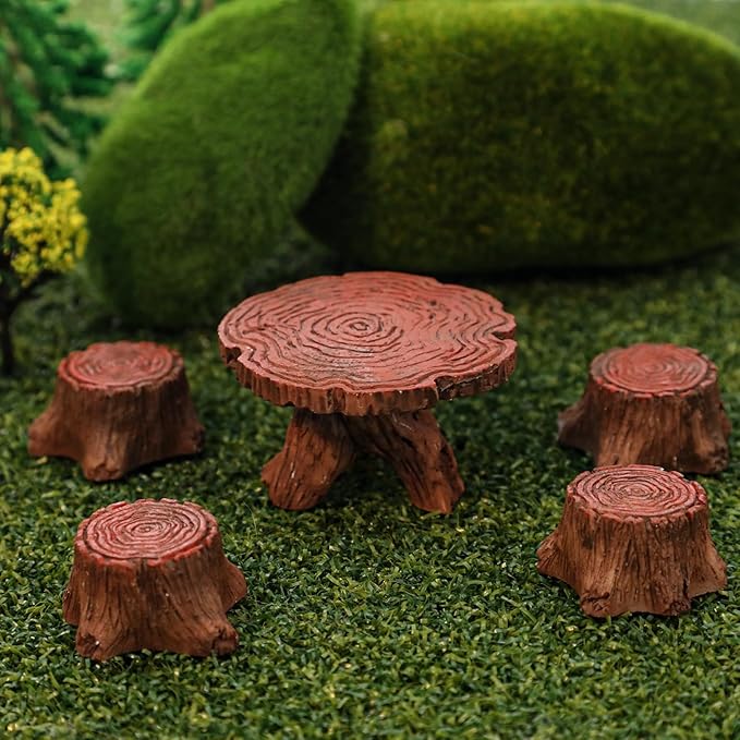 5Pcs Fairy Garden Accessories Miniature Table and Chairs Set Micro Landscape Decoration Mini Resin Village Furniture Ornaments Kit for DIY Craft Gift Dollhouse Succulents Home Outdoor Decoration