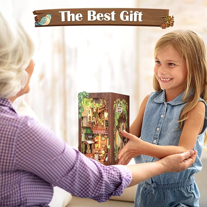Cutefun Book Nook Kit, DIY Miniature Dollhouse Kit for Teens and Adults, 3D Wooden Puzzle Bookends with LED Light, Bookshelf Insert Decor with Dust Cover, Christmas Birthday Gifts (Squirrel Collector)