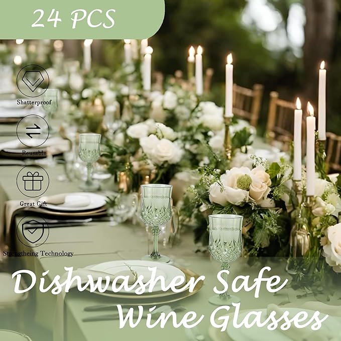LEYIQU Plastic Wine Glasses, Plastic Goblets Vintage Style Cordial Drinking Glasses for Valentine’s Day, Wedding Reception, Grand Event Party Supplies (24, New Green)