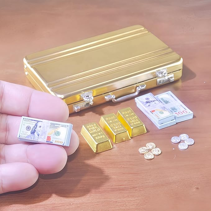 1:6 Scale Miniature Gold Briefcase Gift Set with Fake Gold Bars, 180Pcs Mini $100 Dollar Bills & Vintage Coins | Unique Collectible Display, Dollhouse Accessory & Fun Novelty Gift for Adults