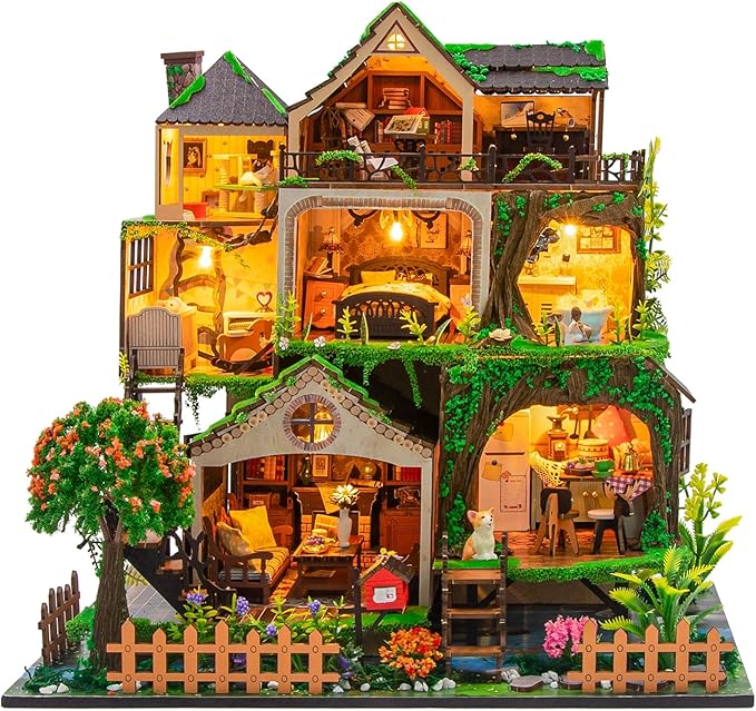 CUTEROOM Miniature House Kits for Adults, Mini Dollhouse Wooden Furniture Kit, DIY Craft Kits Creative Room Tiny House for Decoration-Fairytail Forest