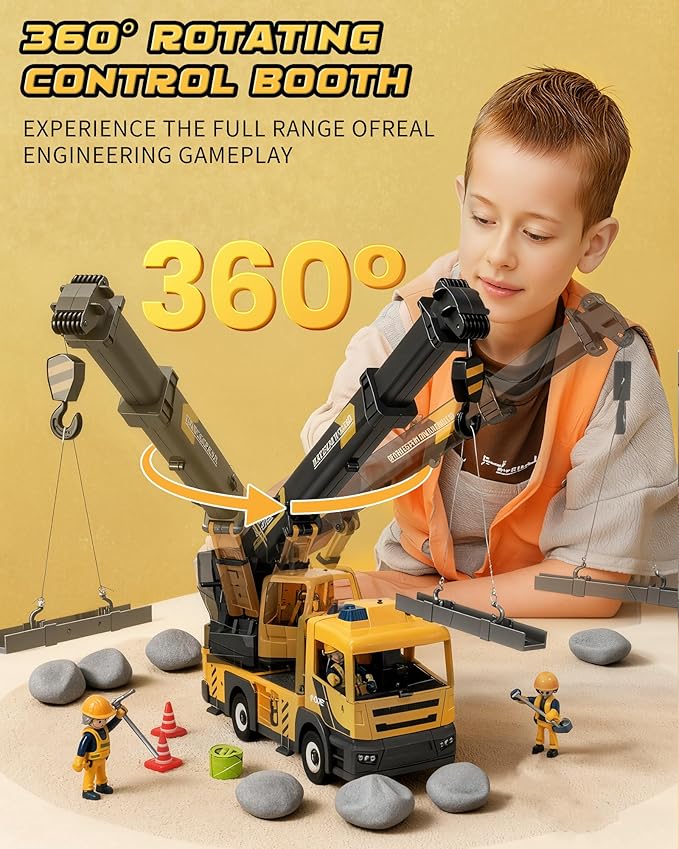 Large Crane Truck Toy with Extendable Crane Arm, Lights & Siren Sounds, Assemble Truck Engineering Vehicle Toy for Boys Girls 3+, Christmas Birthday Gift