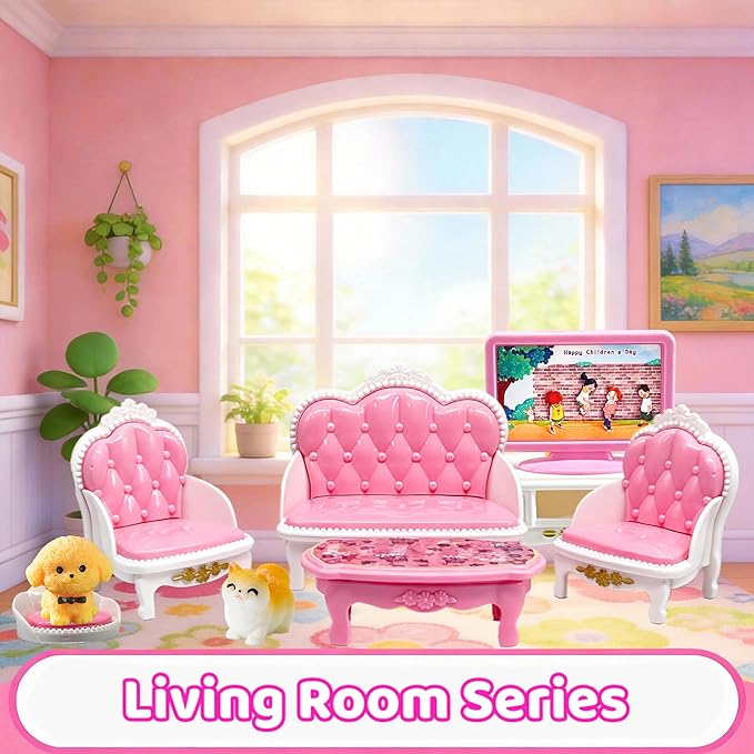 52 Pcs Doll House Mini Furniture, Dollhouse Furniture Set Accessories, Kitchen, Bedroom, Living Room, Bathroom Accessories - Miniature Doll House Toy
