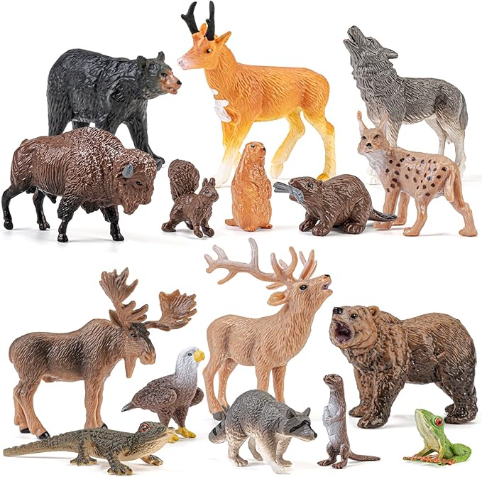 16PCS Mini North American Woodland Animals Figurines Toys, Realistic Jungle Wild Animal Figures with Wolf,Bear,Bison,Reindeer Cake Toppers Birthday Gift Party Favors Toys for Toddler Kids