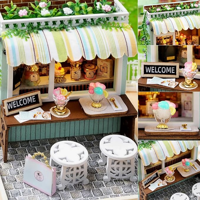 TuKIIE DIY Miniature Dollhouse Kit with Furniture, 1:24 Scale Creative Room Mini Wooden Christmas Doll House Plus Dust Proof for Kids Teens Adults(Dessert Time)