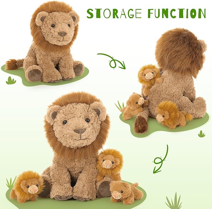 4Pcs Lion Plush Toy, 17.7" Mother Lion Stuffed Animal with 3 Cute Baby Lions, Wild Animal Stuffed Toy for Kids Boys Girls, Safari Animal Plushies Gift for Christmas Birthday Baby Shower