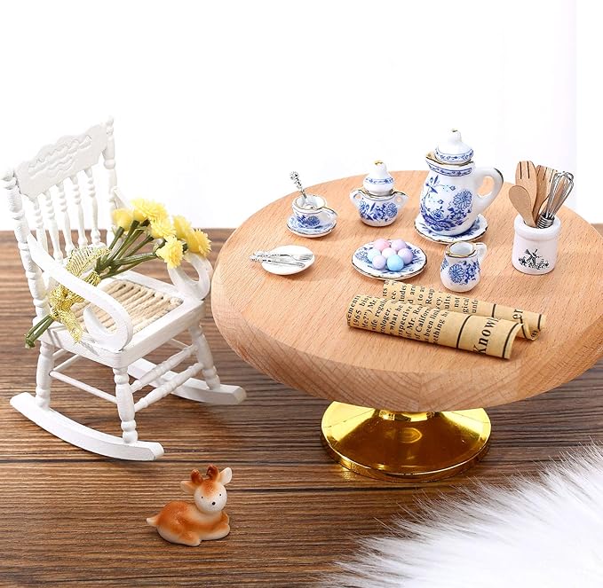 Skylety 37 Pieces 1:12 Scale Miniatures Dollhouse Kitchen Accessories Include 16 Doll Plates Knife Fork Spoon, 6 Egg Beater Utensil, 15 Tea Cup Set for Doll Toy Supplies(Blue Porcelain)