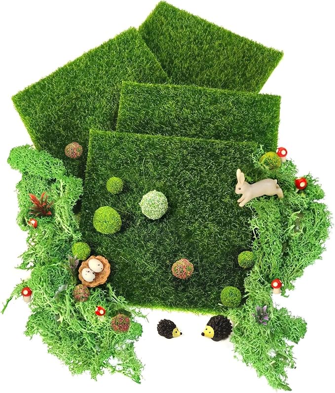 QuarenDen Miniature Garden Accessories, 36Pcs, 6in x 6in Fairy Artificial Grass, Fake Moss, Mini Fairy Garden Grass, Fairy Garden kit for Dollhouse Decoration Plant House Decor