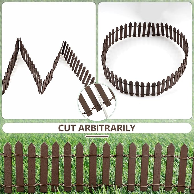 Mini Fairy Garden Fence, 35.5 Inch Cuttable Small Wood Picket Fence, DIY Miniature Accessories Decoration for Dollhouse, Crafts, Vegetable Platter, Cake(Brown)