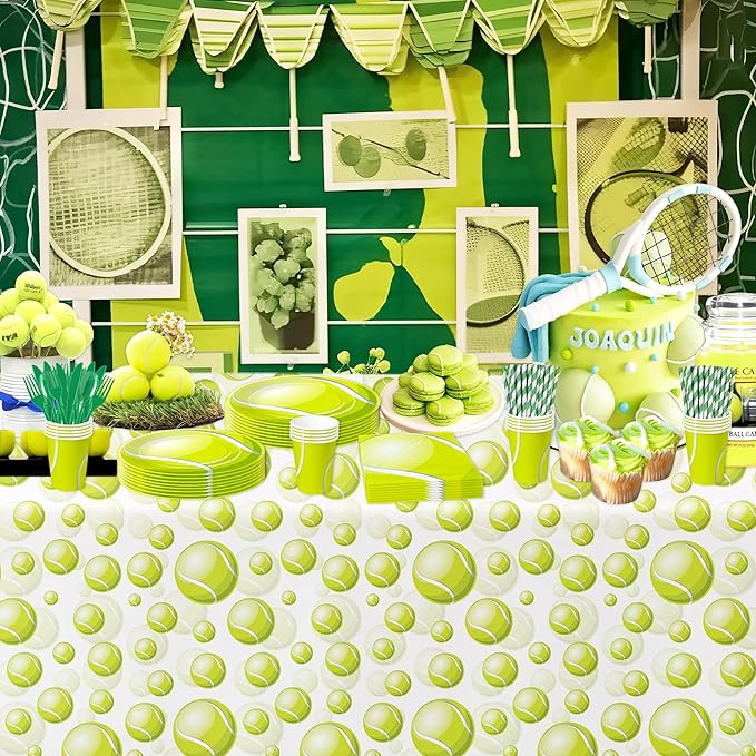 Xenorik Tennis Party Decorations Tableware for Birthday Baby Shower, Sports Ball Theme Tennis Birthday Party Supplies, Paper Plate, Cup, Napkin, Tablecloth, Disposable Cutlery, Serves 24