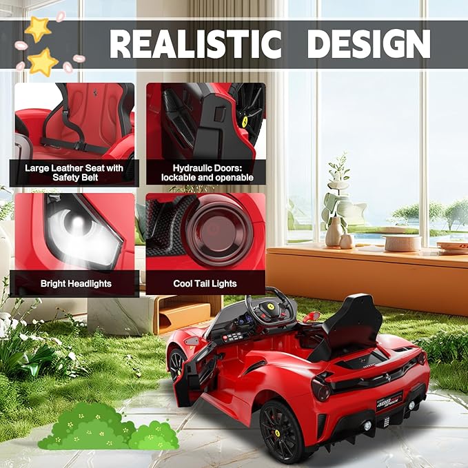DIKEP 12V Kids Electric Ride On Car, Licensed Ferrari 488 Pista Spider Powered Ride On Toy Vehicle with Remote Control, Speaker, Openable Doors, Leather Seat, Spring Suspension, LED Lights, MP3, Red