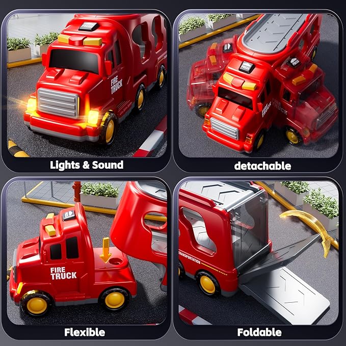 Fire Truck Toys for Toddler 1-3 3-5, 5-in-1 Fire Car Carrier Vehicle Set for Girls 1 2 3 4 5 6 Years Old, Transport Car with Light Sound, Birthdays Gifts for Kids Girls Aged 3-9