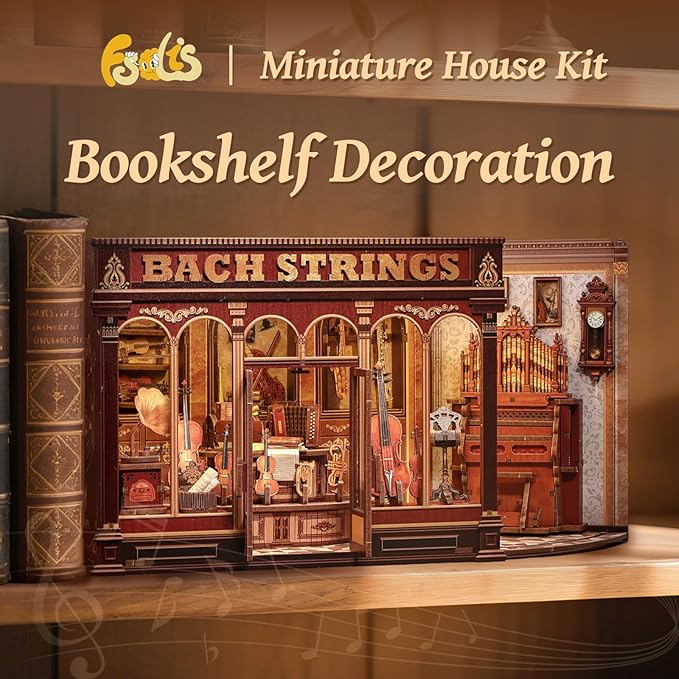 Fsolis Book Nook Kit - DIY Scene Miniature Dollhouse Kit for Adults, Bookshelf 3D Puzzles Booknook Music Tiny House Mini Room Craft Bookshelf Decor Gifts for Women Book Lovers (Bach Strings)